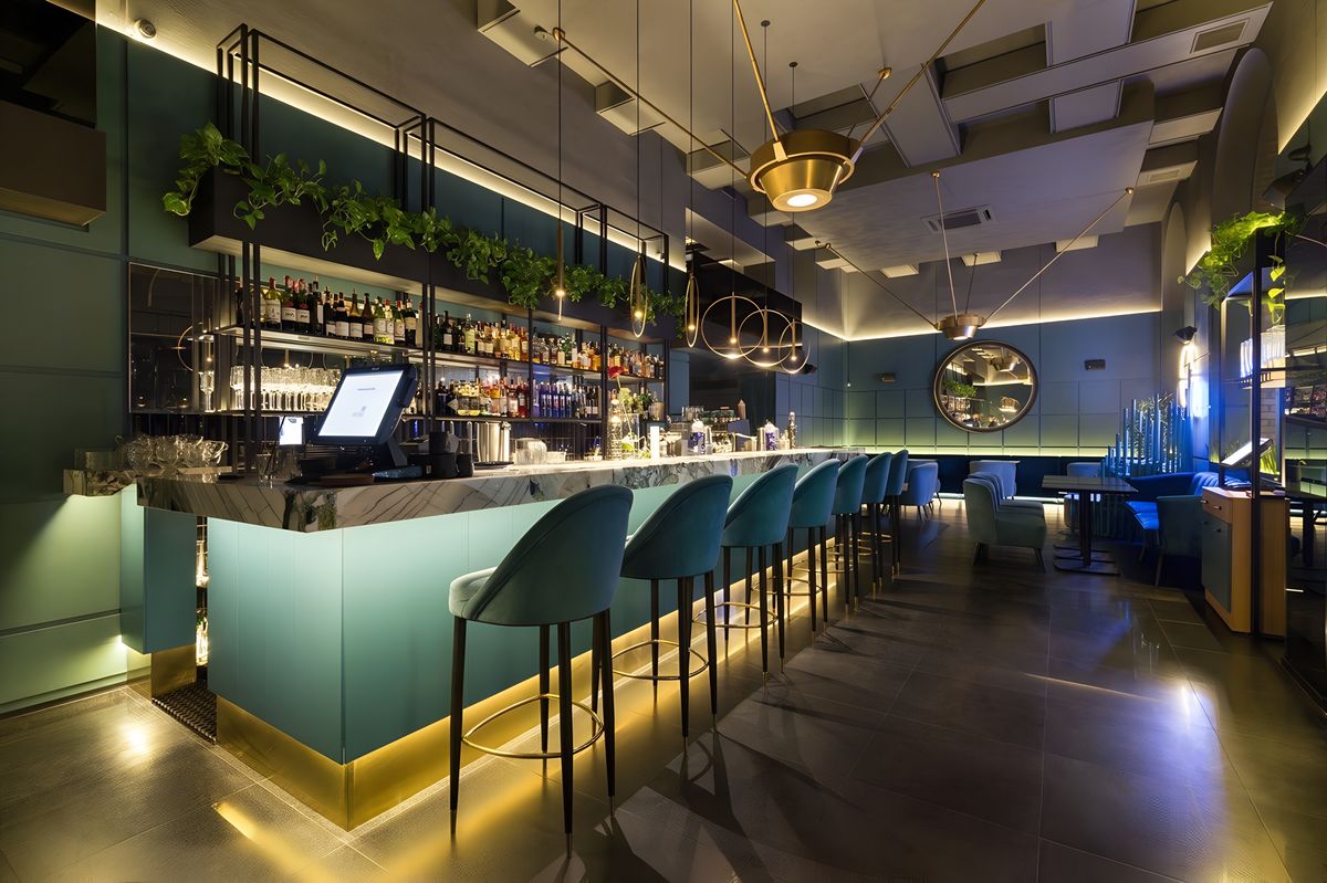 main bar counter and suspended shelving