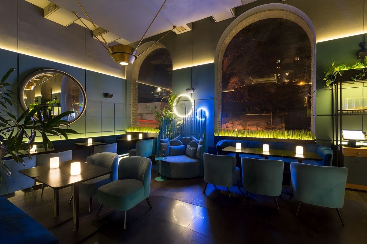 window seating and blue metal screen