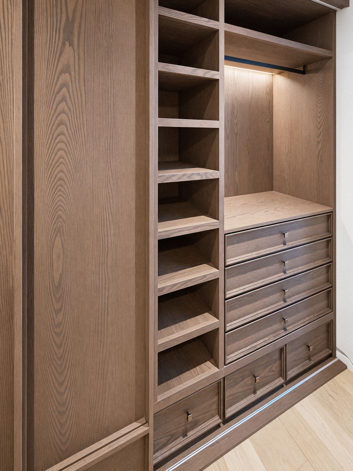 open oak shelving and drawer banks with small solid oak pulls
