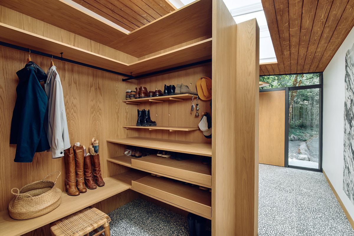 open wood walk-in closet area