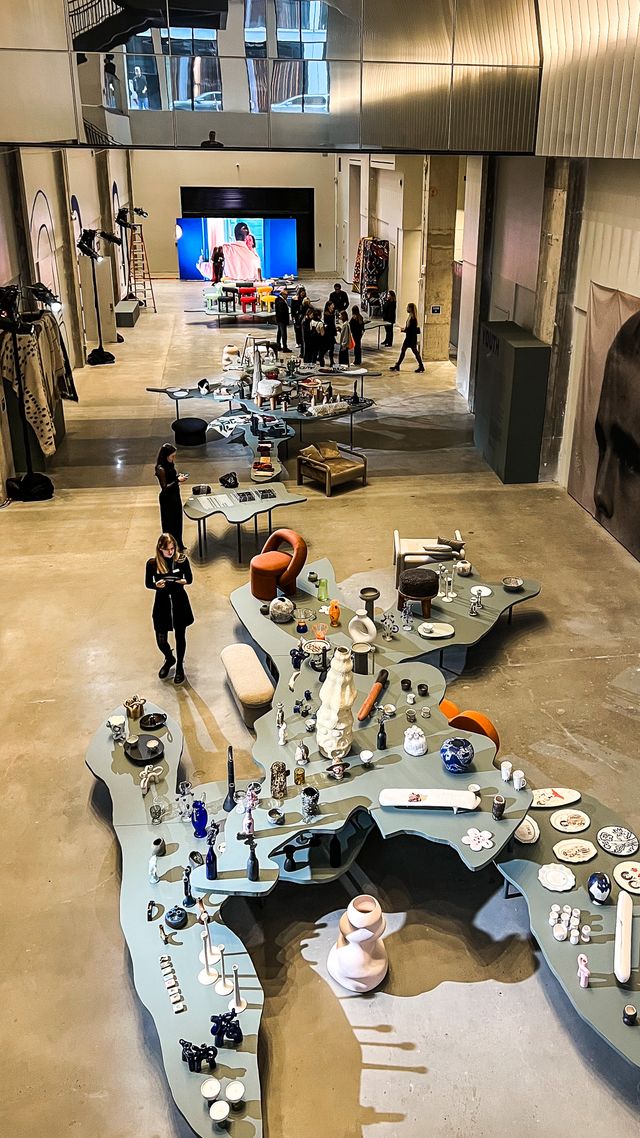 design exhibition with irregular blue display tables