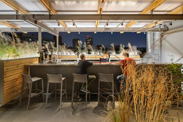 rooftop coffee bar at night with city skyline