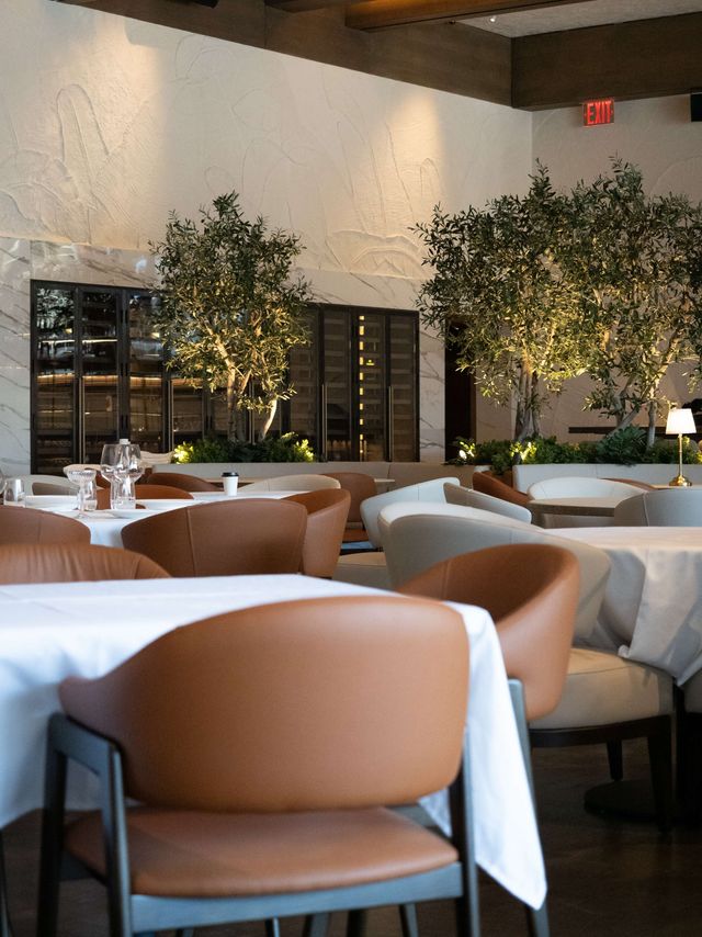 dining room with olive trees and leather chairs