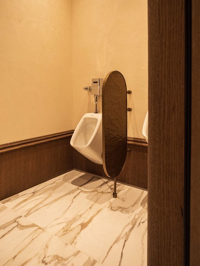 restroom urinal with hammered metal privacy screen