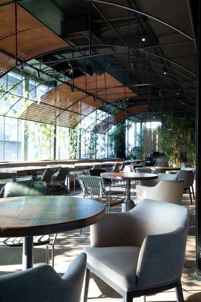 dining area and arched canopies