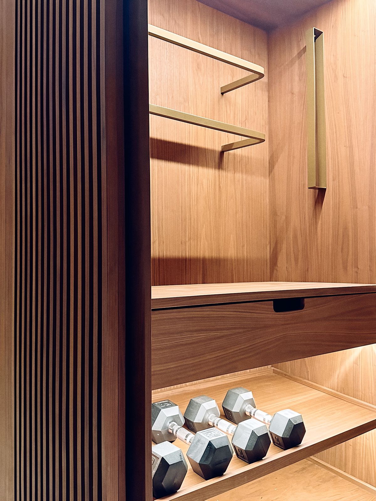 open walnut bay with metal rails, a finger-pull drawer and dumbbells on a lit shelf